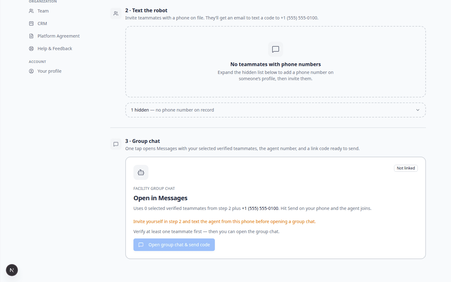 Settings AI Agent page showing step to connect a staff group chat with a link code