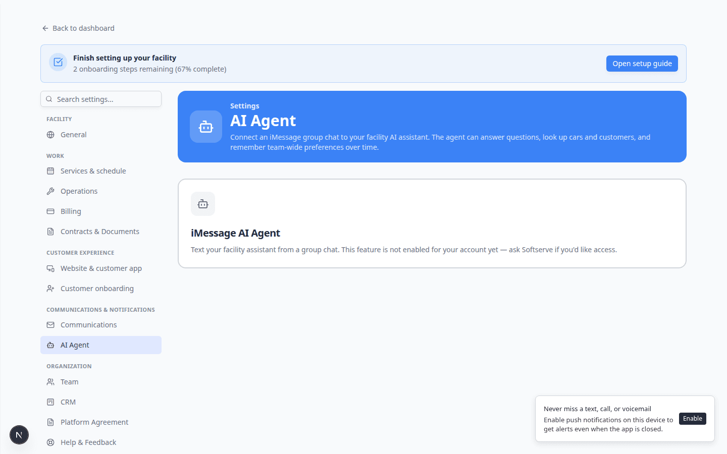 Settings AI Agent page when iMessage is enabled, showing the agent phone number and setup steps