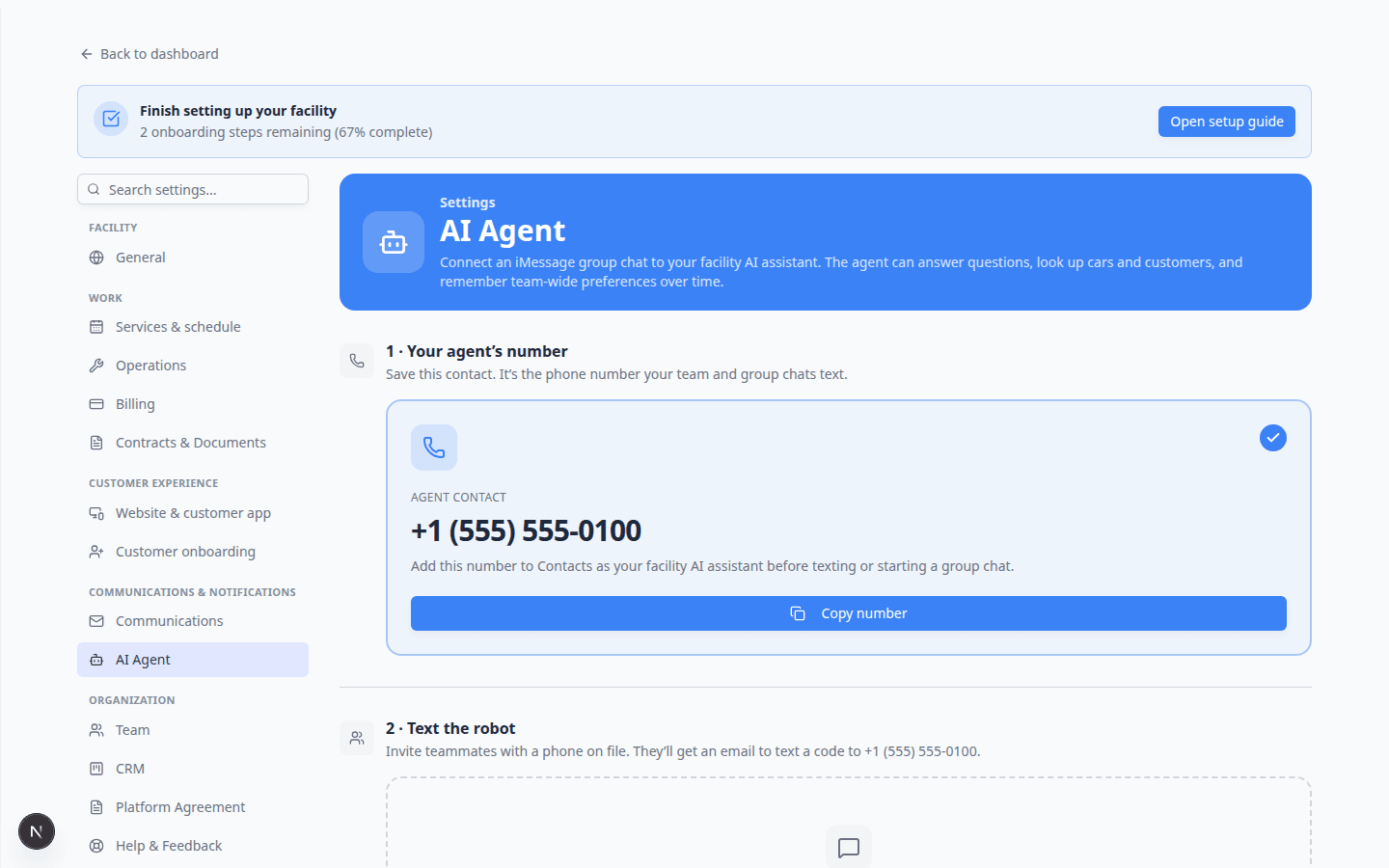 AI Agent settings step 2 Text the robot showing teammate invite and verified phone cards