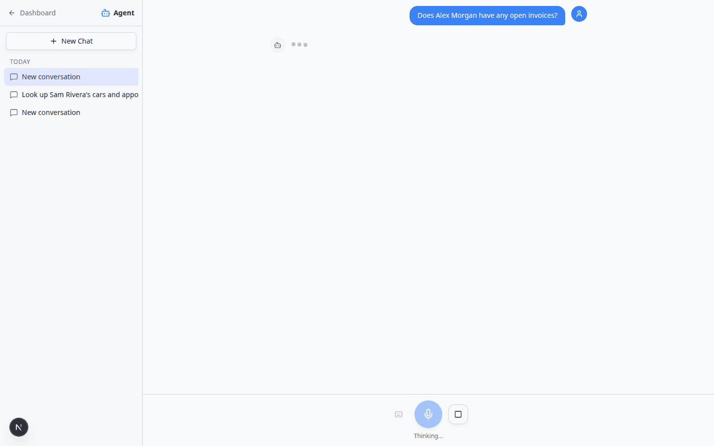 Web AI Assistant showing an invoice lookup reply for Alex Morgan—the same question works in your team iMessage group