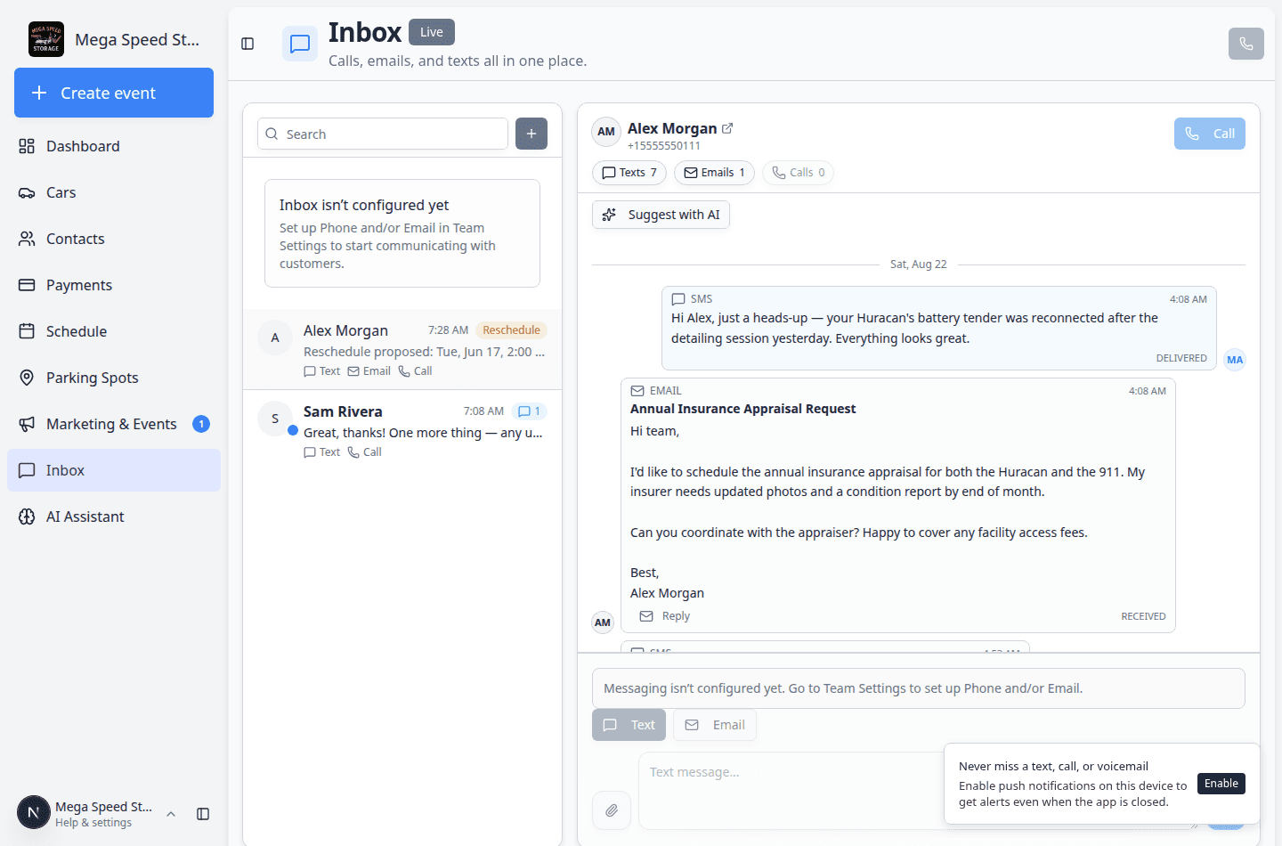 Inbox showing Alex Morgan conversation selected with Text tab and message composer ready at the bottom