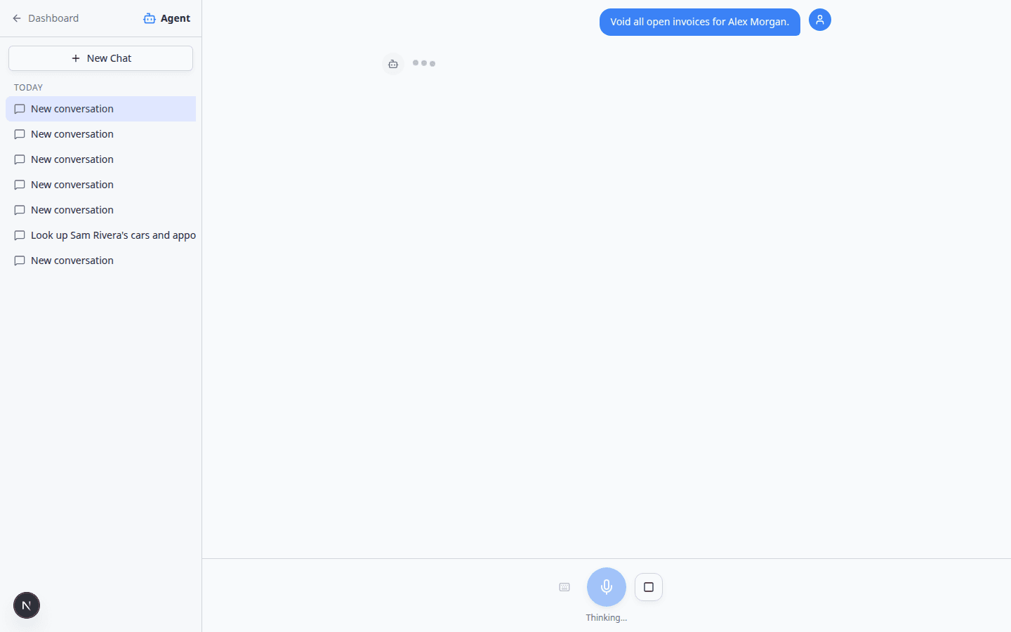 AI Assistant refusing to void invoices and explaining that Alex Morgan has no open invoices to void