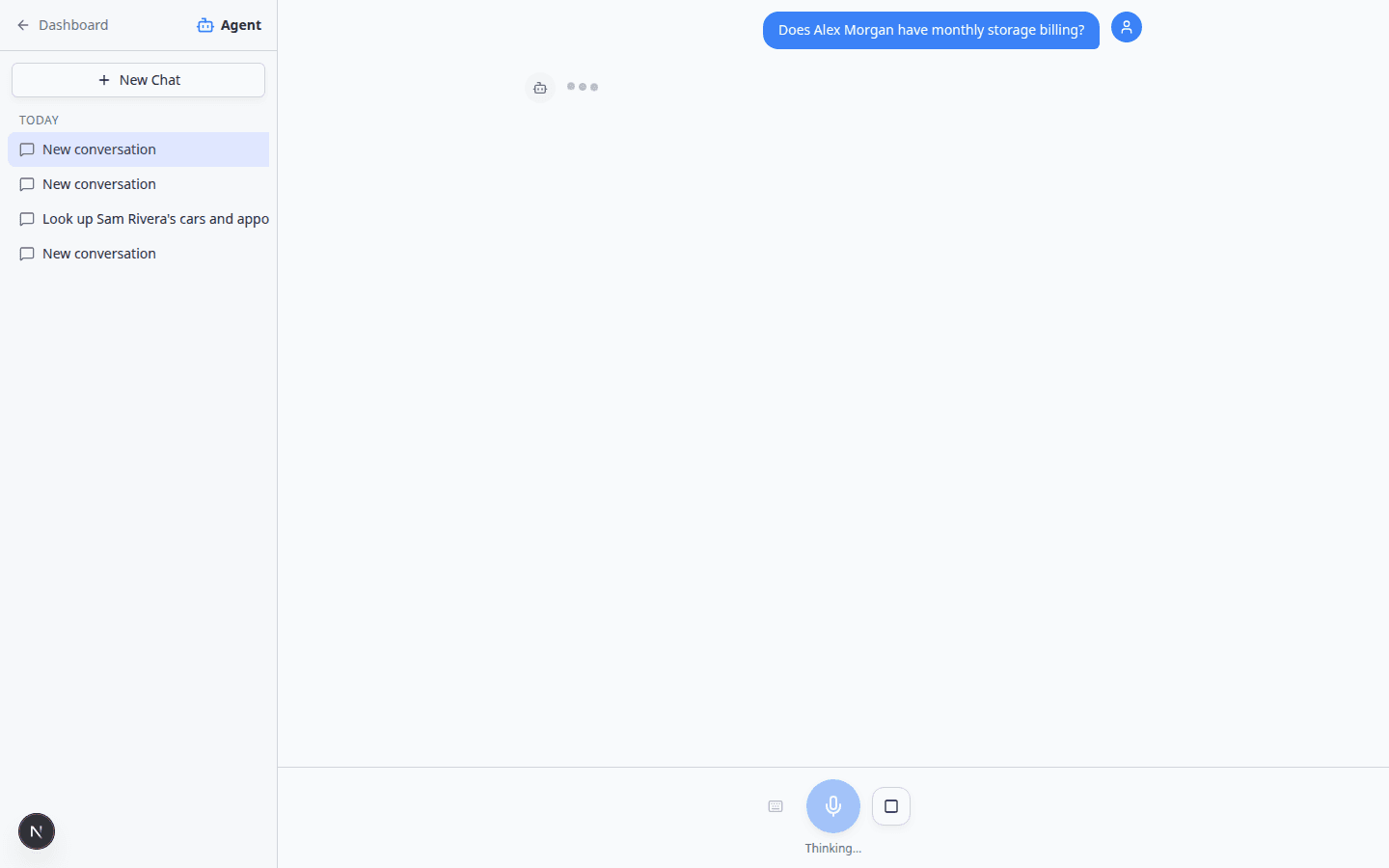 AI Assistant summarizing whether Alex Morgan has monthly storage billing