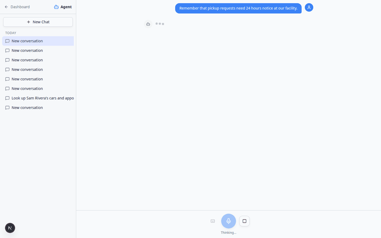 AI Assistant chat showing Used Remember Team Fact after the user asked to remember pickup notice rules
