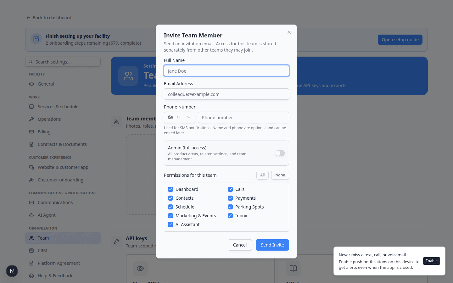 Invite Team Member dialog showing Permissions for this team checklist including AI Assistant