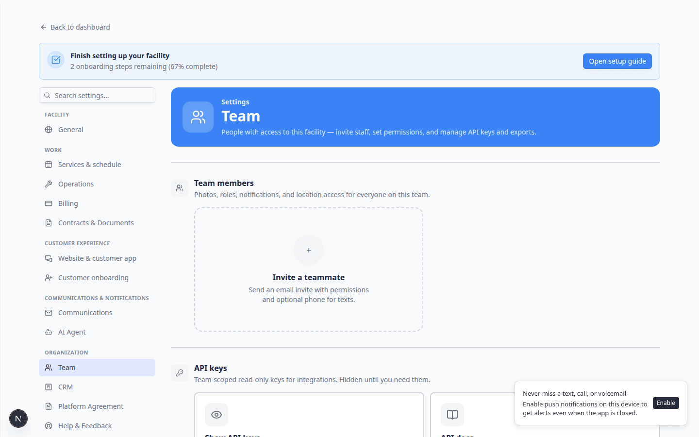 Settings Team page showing team members and permission checkboxes including AI Assistant