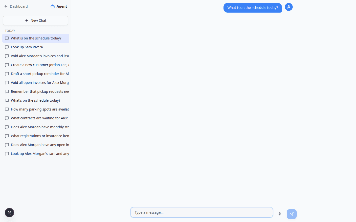 Active Agent chat with keyboard icon for Type instead and text input at the bottom