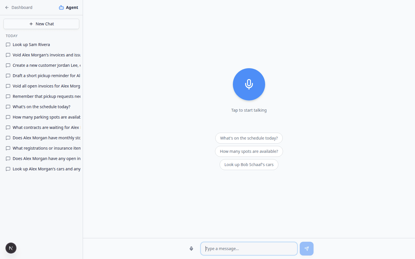 AI Assistant start screen showing the microphone orb, suggestion chips, and Type a message field at the bottom