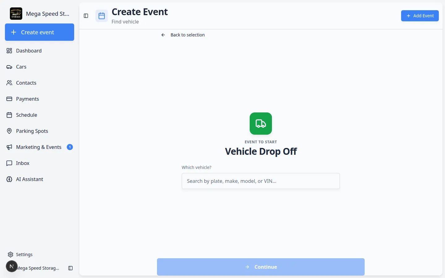 Create event page after selecting an event type, showing Event Type banner, Search Vehicle field, and Continue button