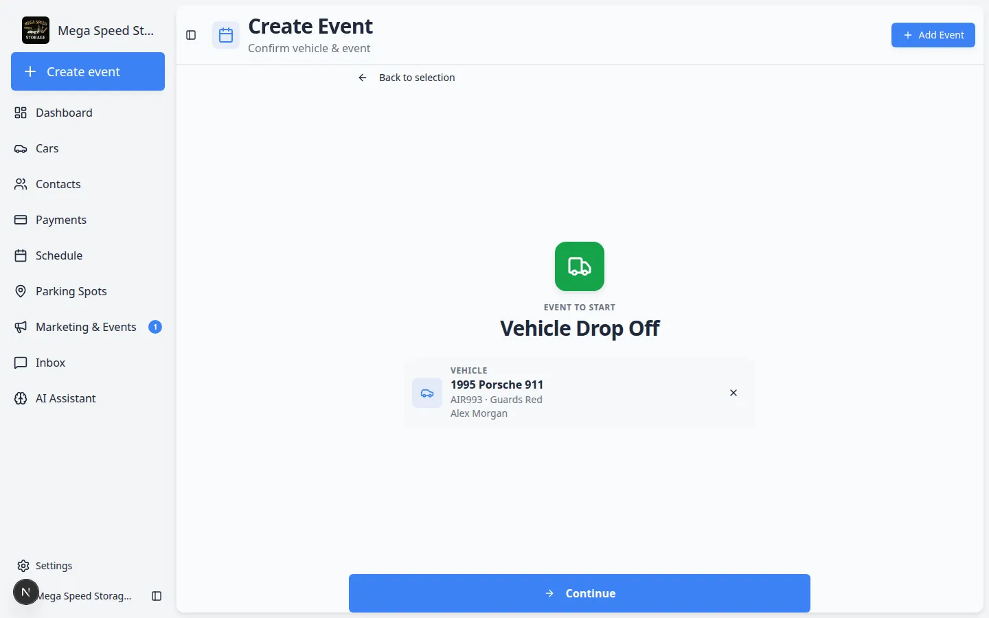 Create event page after selecting Vehicle Drop Off and choosing a 1995 Porsche 911, showing vehicle summary and an enabled Continue button