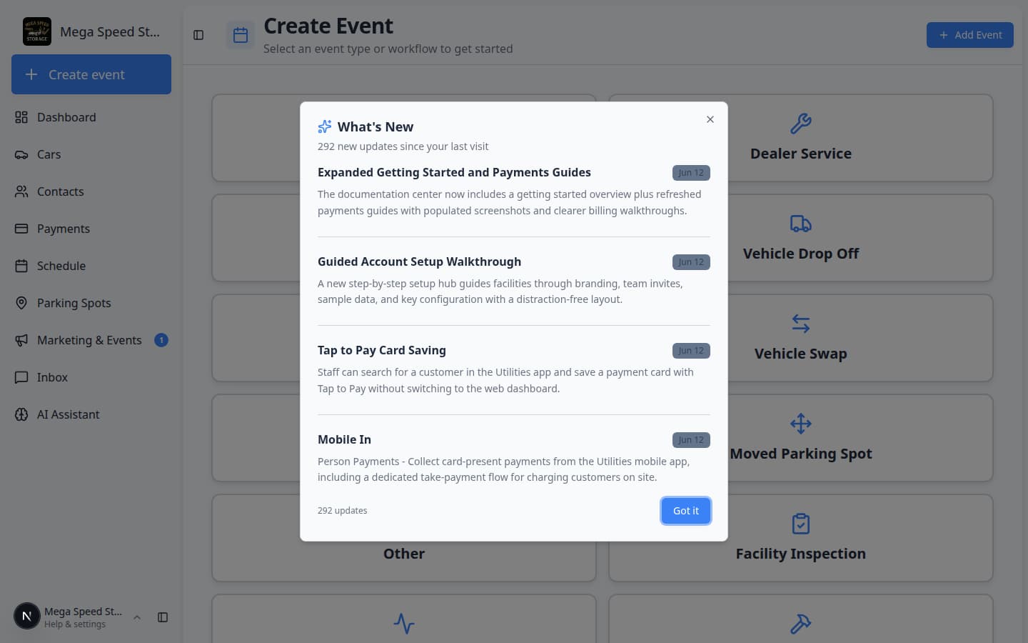 Create event page showing a grid of large event type cards such as Vehicle Drop Off, Dealer Service, and Vehicle Pick Up