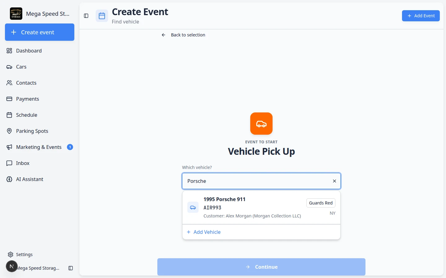 Create event page with Porsche typed in Search Vehicle and a dropdown list of matching vehicles