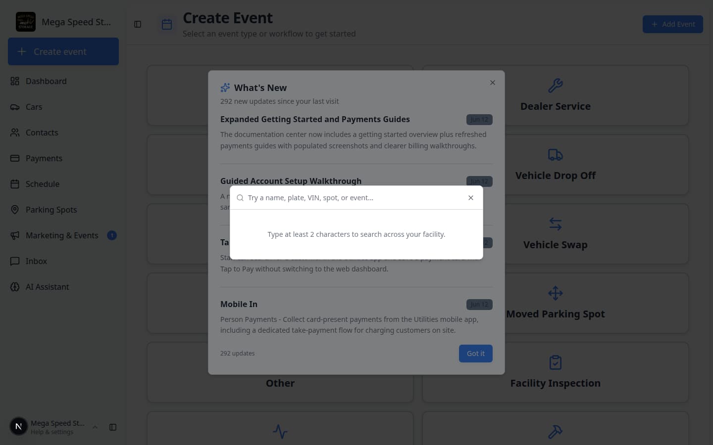 Facility search dialog open with placeholder text asking for at least two characters