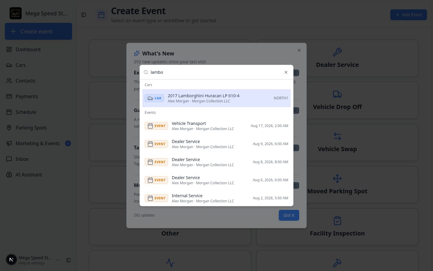Facility search dialog showing grouped results for Cars and Customers after typing lambo