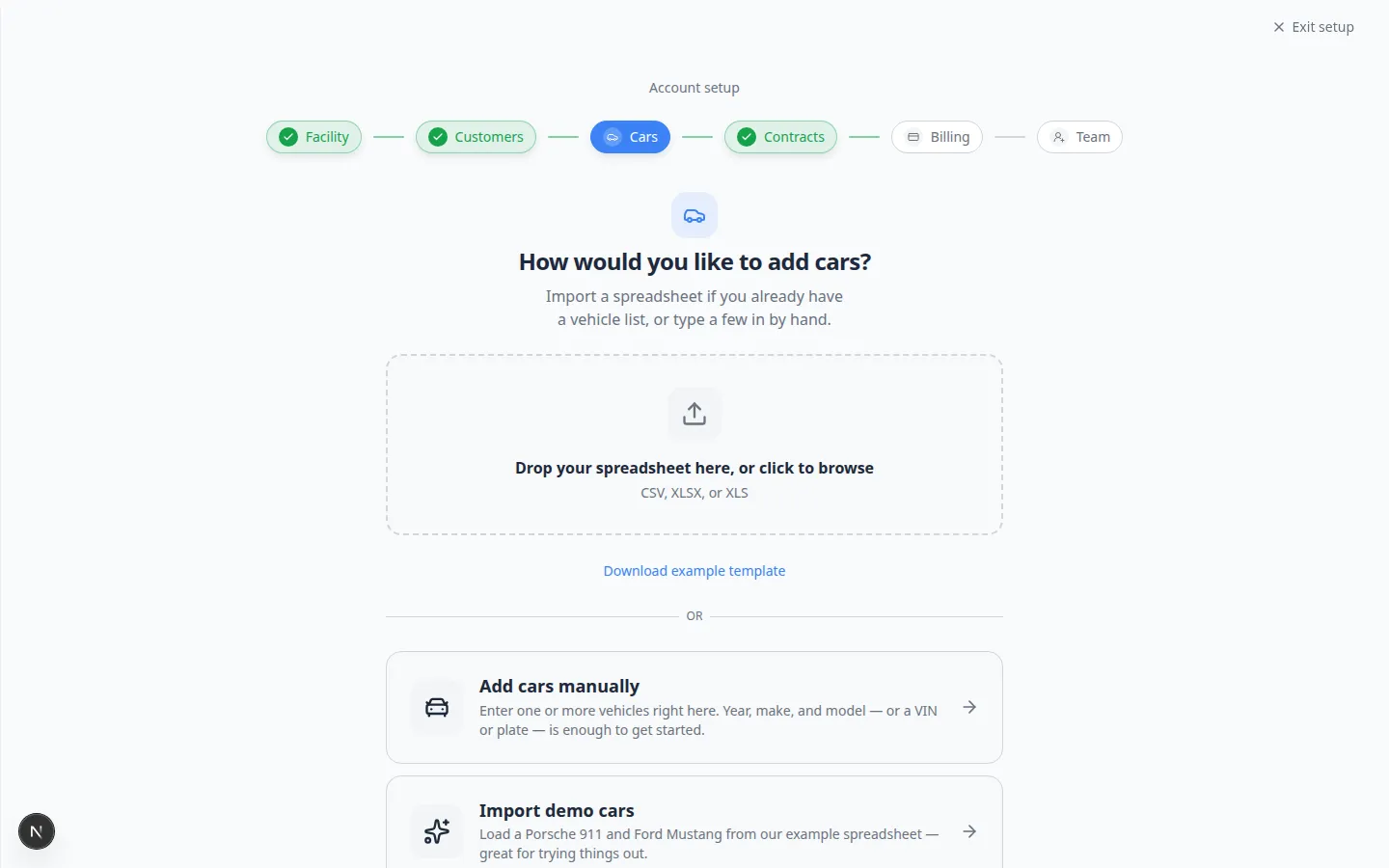 Onboarding wizard Cars step showing vehicle import and manual add options