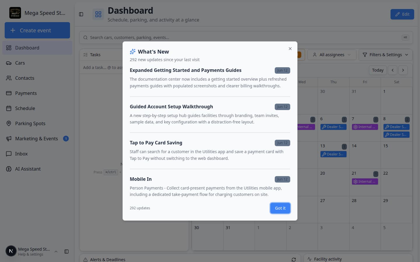 Dashboard page with a search bar near the top that says Search cars, customers, parking, events