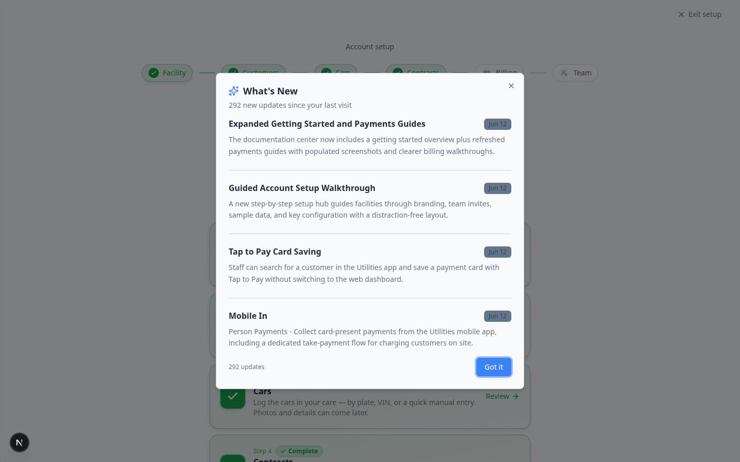 Setup Guide page titled Let's set up your account with six step cards for Facility, Customers, Cars, Contracts, Billing, and Team