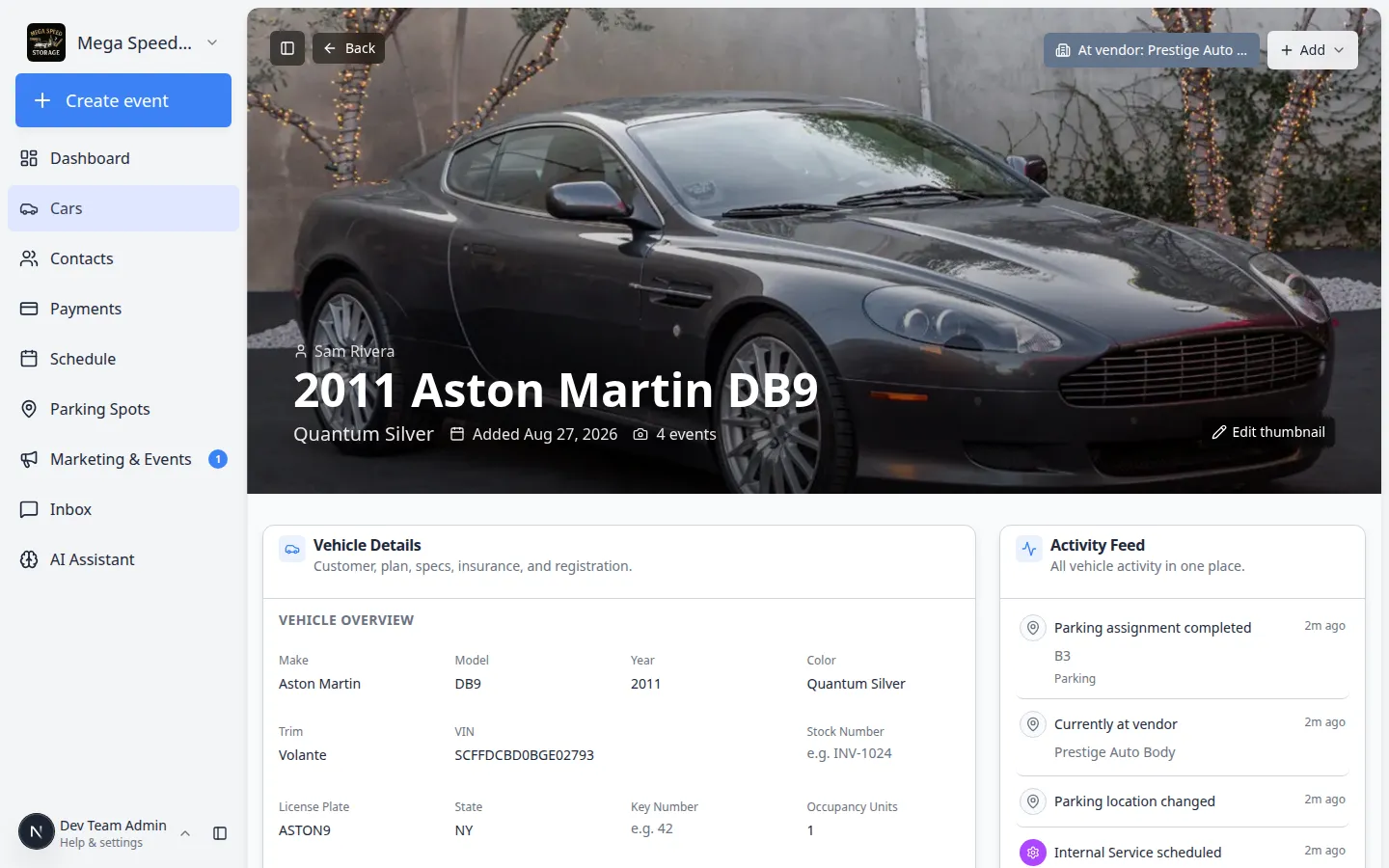 Car detail page header showing At vendor Prestige Auto Body on an Aston Martin DB9 record