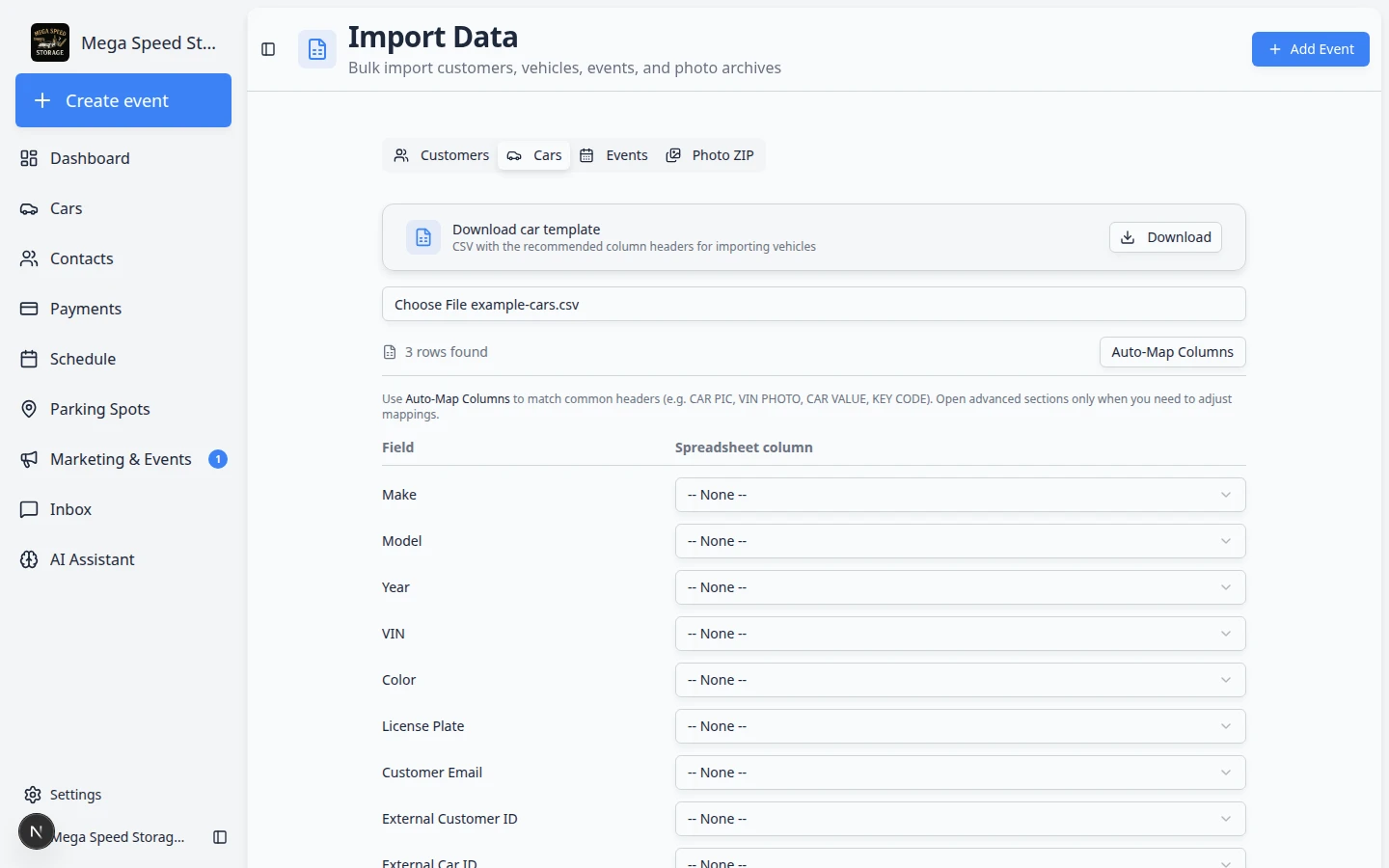 Car import mapping screen showing database fields on the left matched to spreadsheet columns on the right