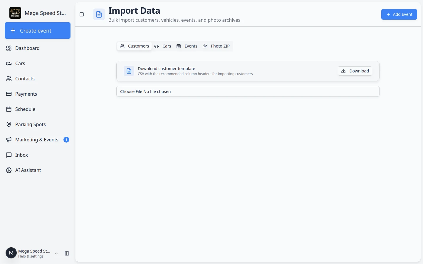 Cars tab on Import Data showing the car template download card and file upload area