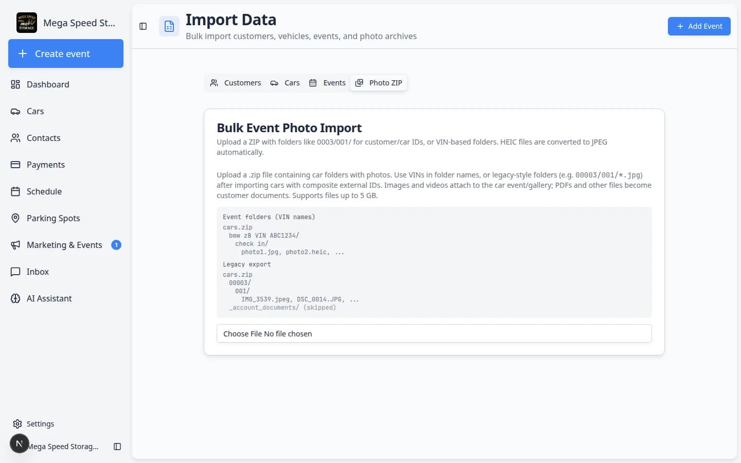 Photo ZIP tab on Import Data showing bulk event photo import instructions and upload area