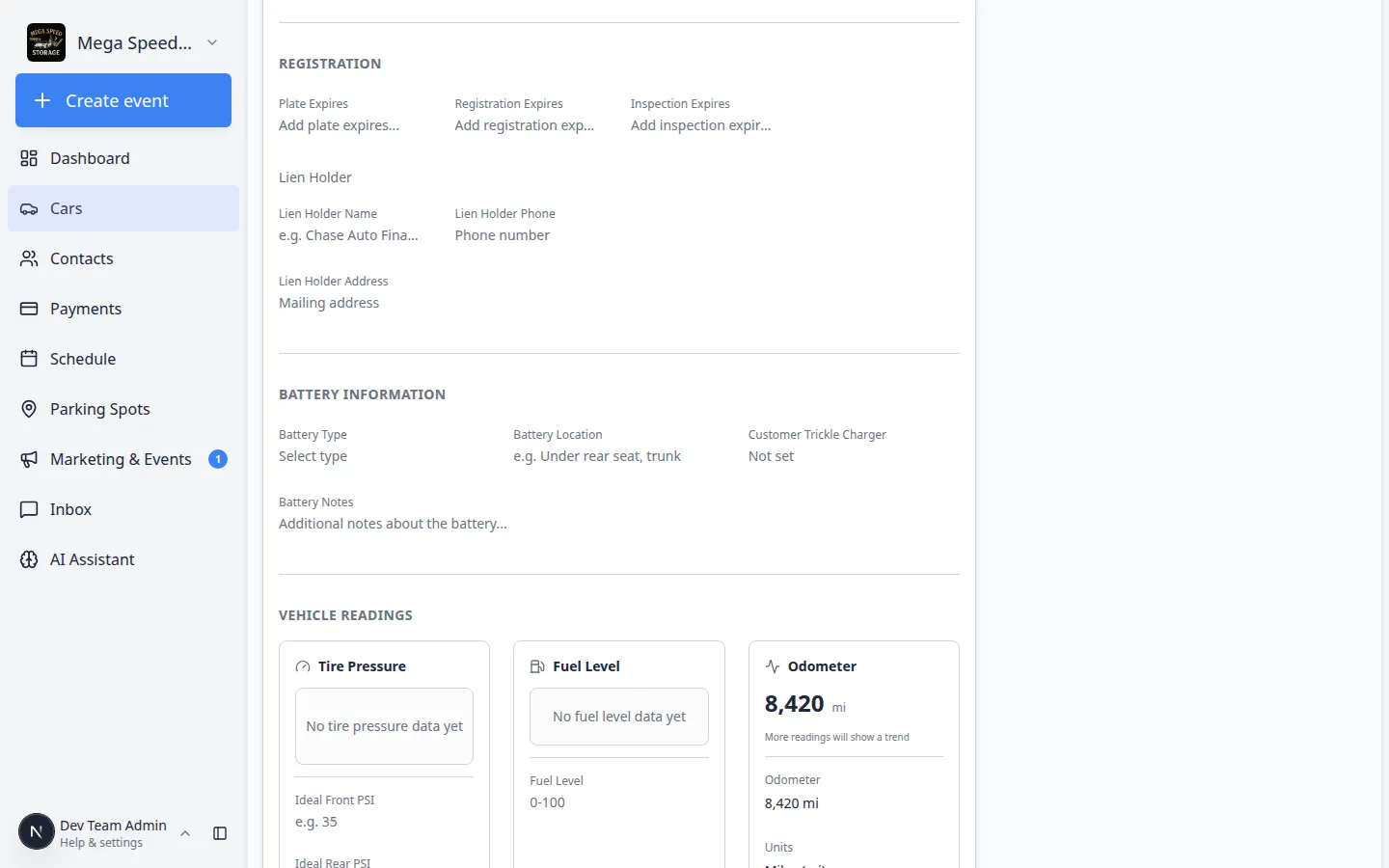 Insurance section showing Declared Value field near the Market Data chart on the same car record