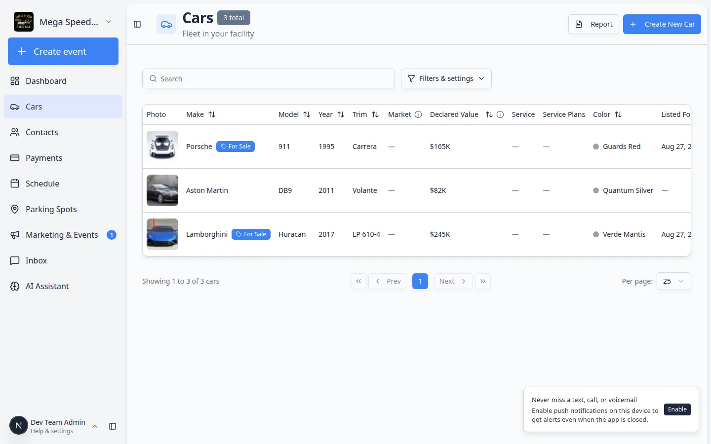 Cars list page showing multiple vehicles with View buttons in each row
