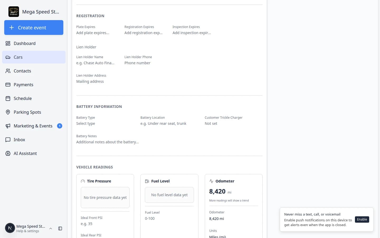 For Sale section on a car record showing Listed status with view listing and unlist options
