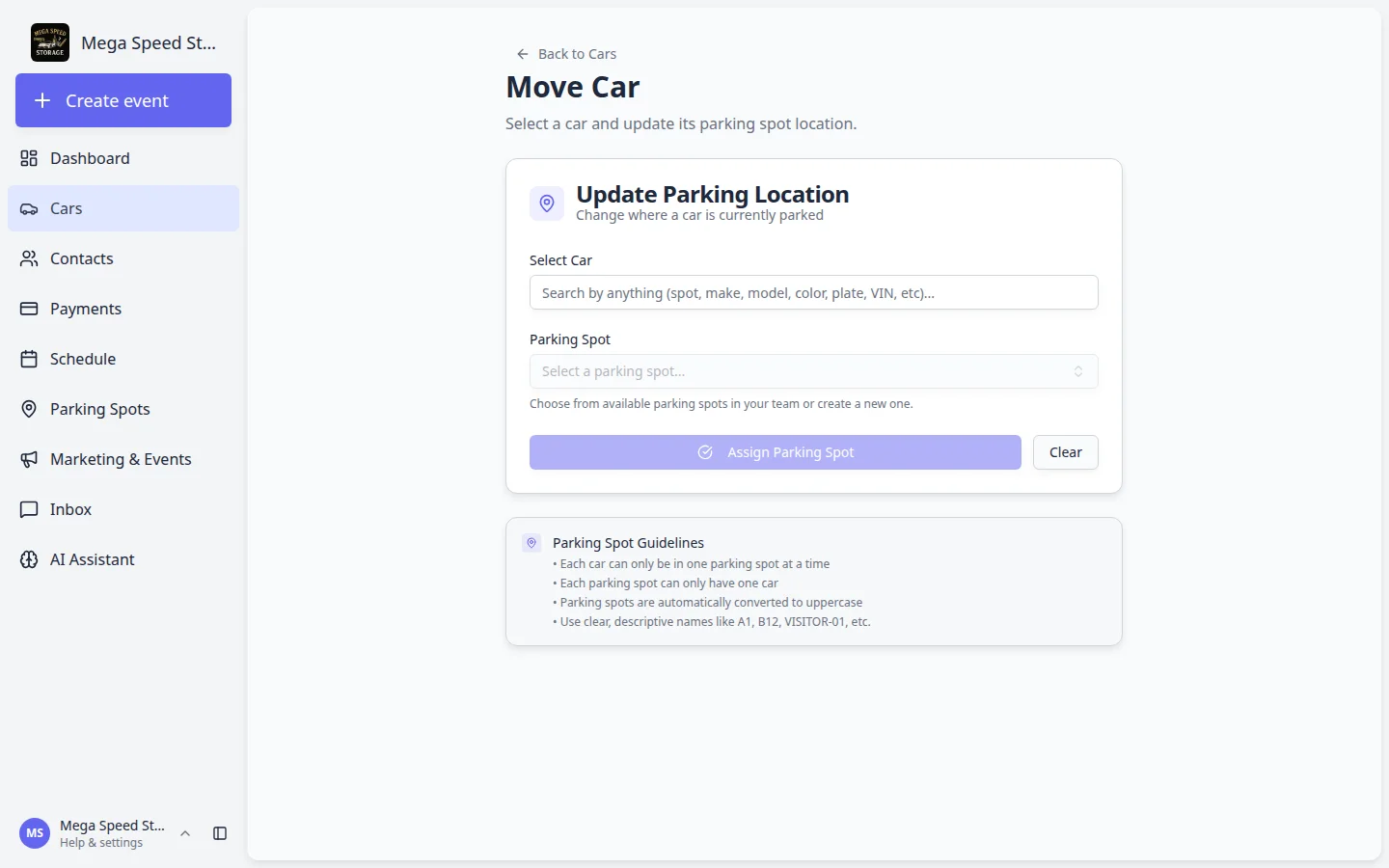 Move Car page showing Select Car search field, parking spot picker, and Move Car button