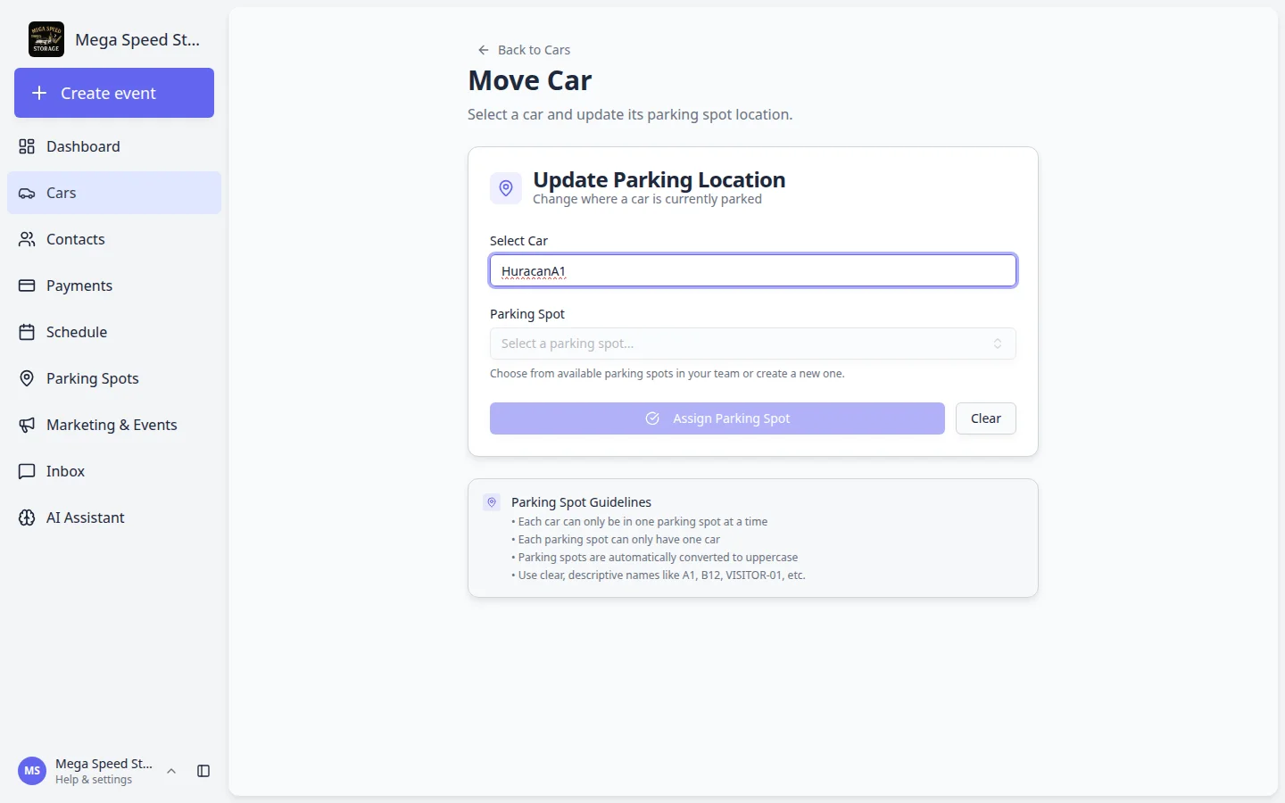 Move Car page with a vehicle selected in Select Car and a destination spot chosen in New Parking Spot, with the Move Car button enabled
