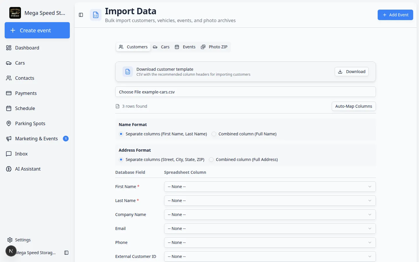 Car import mapping screen showing database fields matched to spreadsheet columns with Auto-Map Columns button
