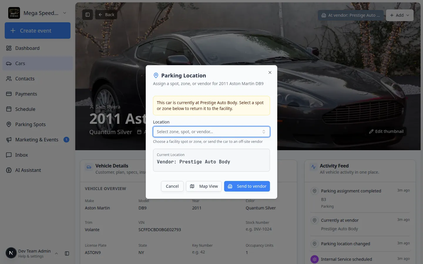 Parking Location dialog on a car record with Location field and options for zones, spots, or vendors