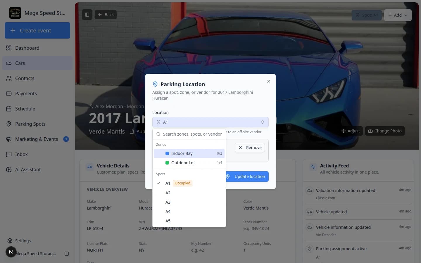 New Parking Spot search field on the Move Car page showing a dropdown list of available spots and zones