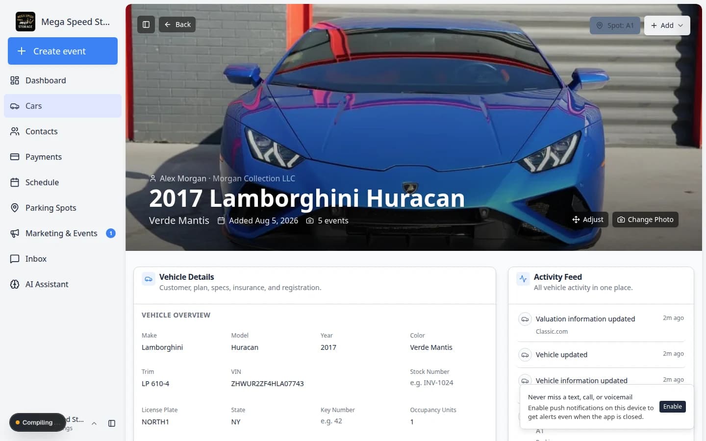 Create New Event dialog showing event type selector, date picker, and time slots