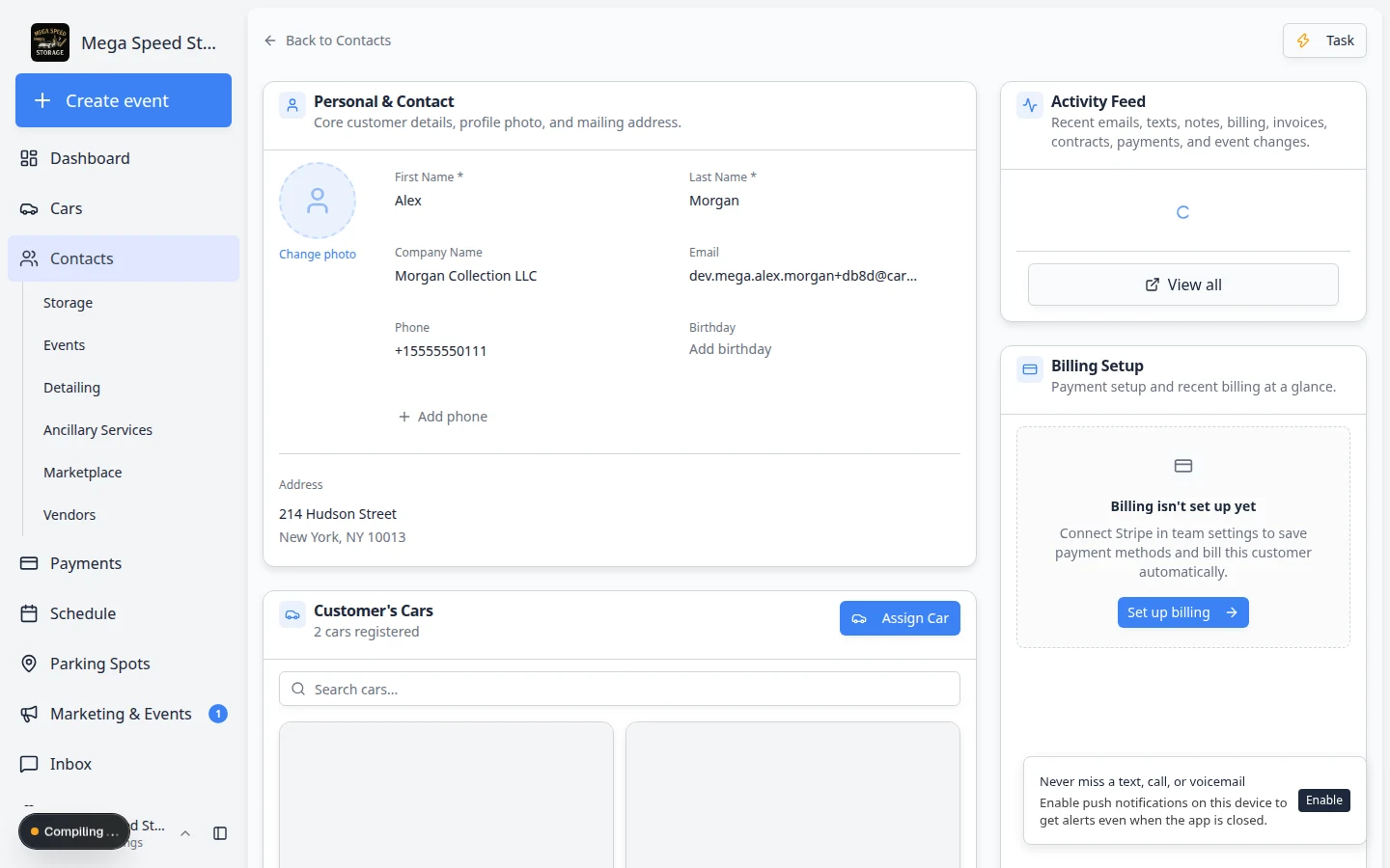 CRM Information section on a customer record showing Customer Groups with Storage and Detailing selected