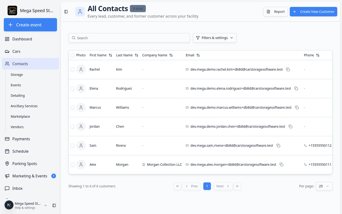 All Contacts page in the dashboard showing the customer table, type tabs such as Storage and Events, and columns for name, email, phone, cars, and CRM stage