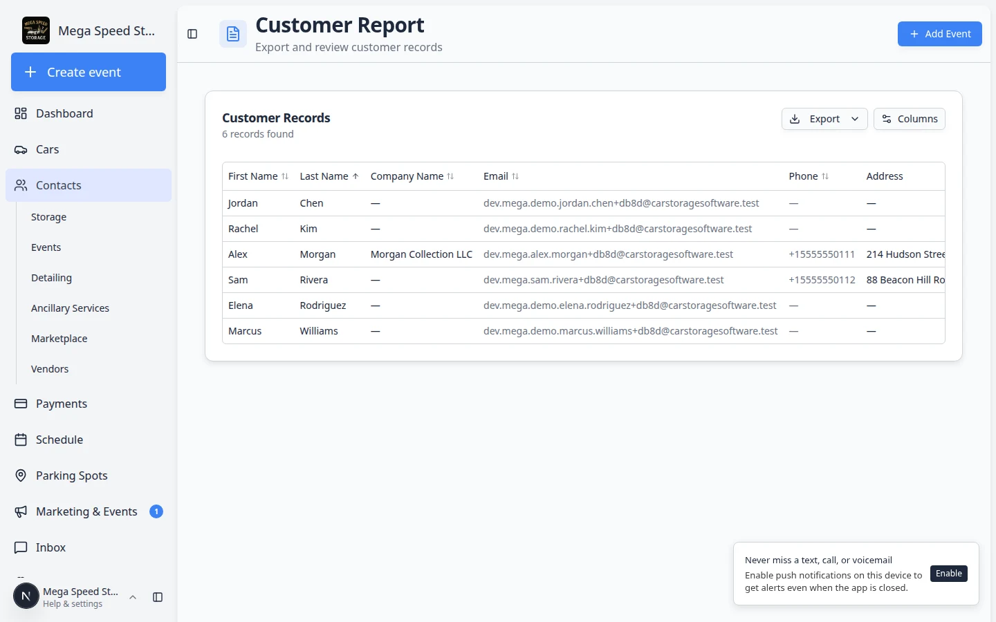 Customer Report Columns menu open showing checkboxes for Portal Access, In Stripe, Payment Method, and other fields