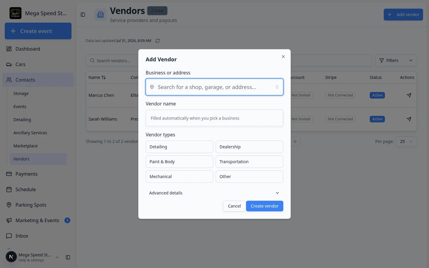 Add vendor dialog showing Company Name, contact fields, vendor type toggles, and Create vendor button