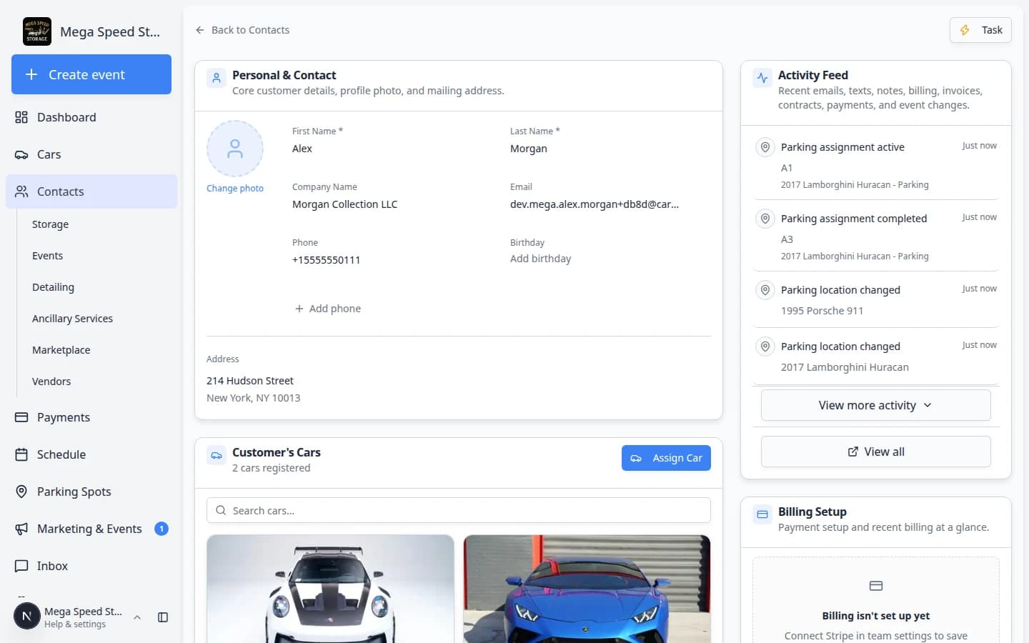 Customer's Cars section showing linked vehicles and an Assign Car button