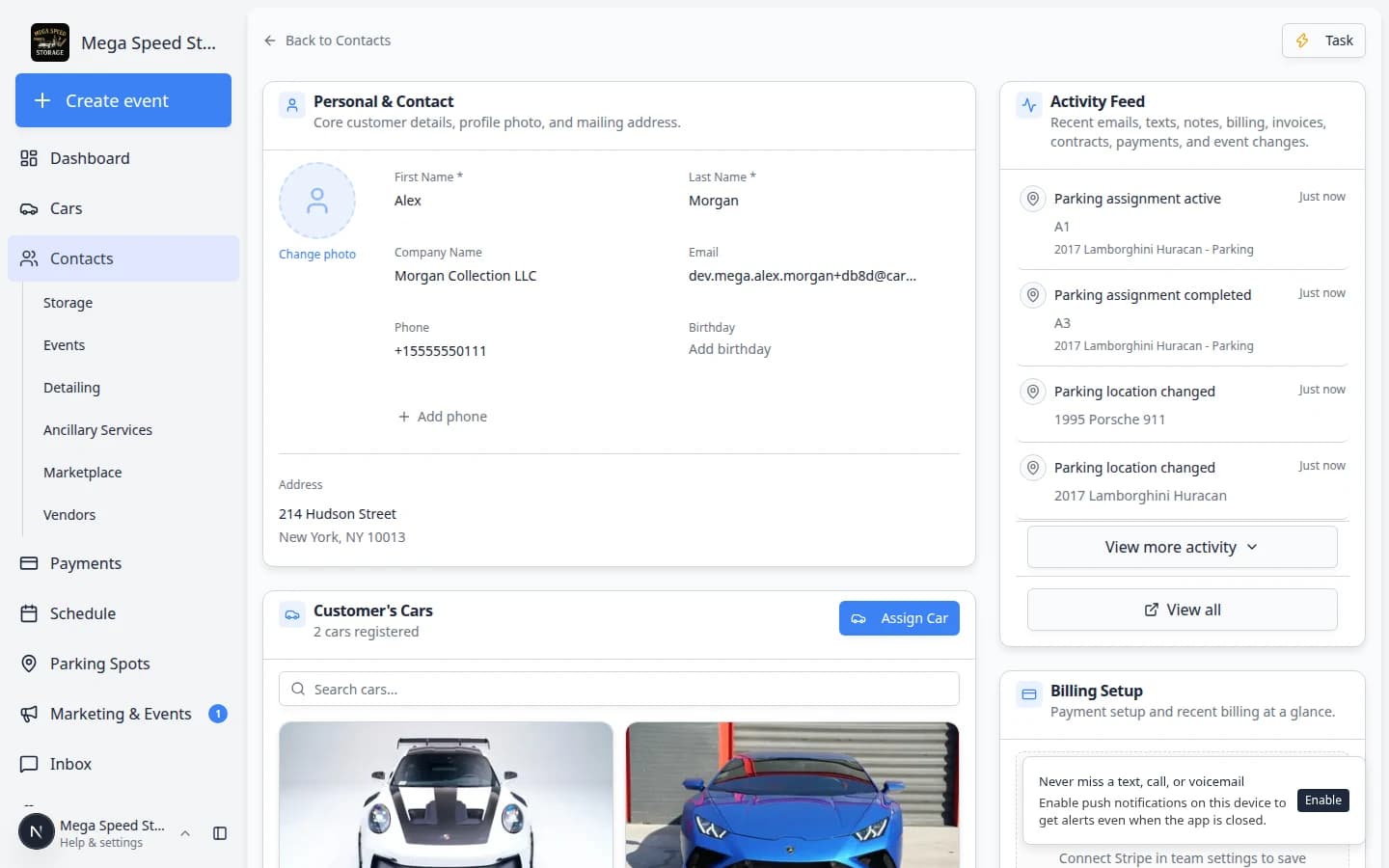 Customer detail page in the staff dashboard showing a customer record with contact details and linked account information
