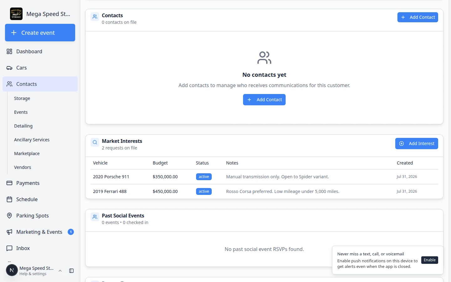 Customer detail page Market Interests table showing two vehicle requests with budgets and active status