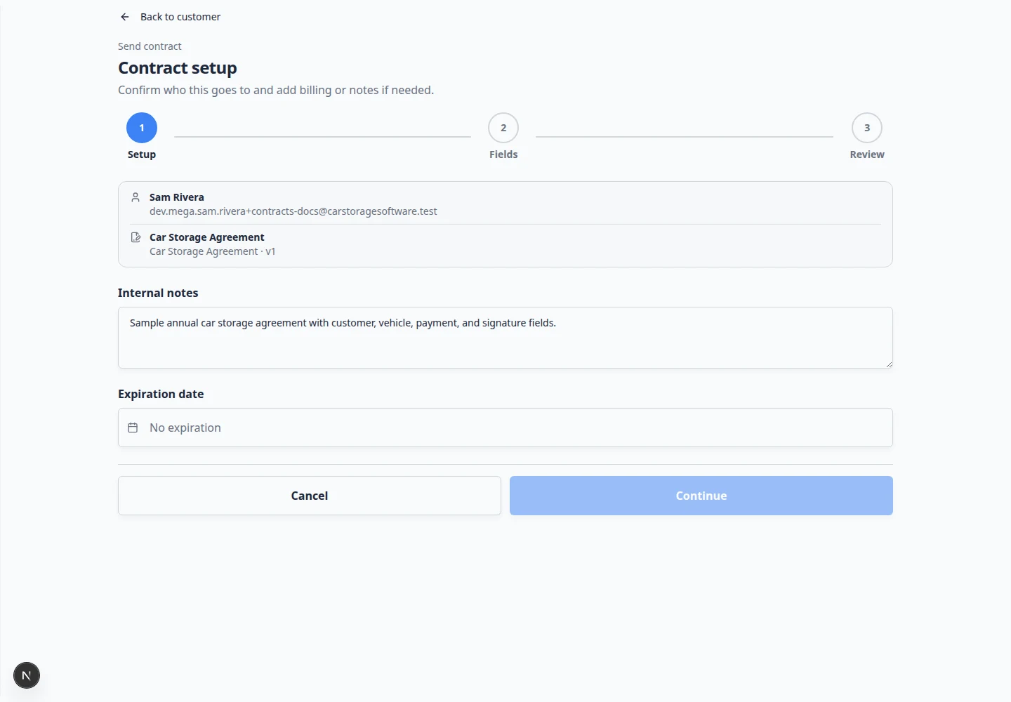 Contract manage page Versions panel listing version history with download option