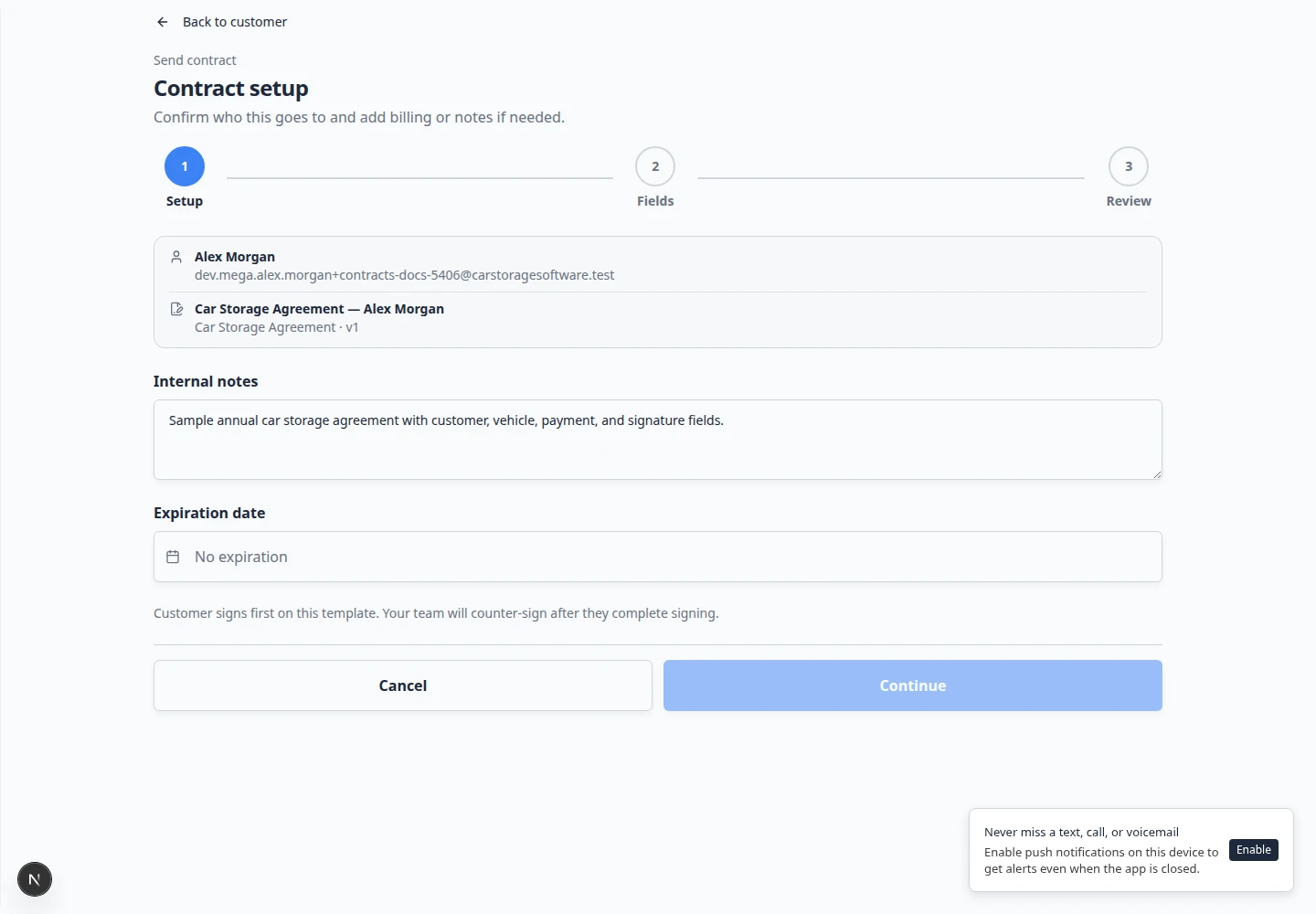 Contract counter-sign page showing PDF preview and team signature pad