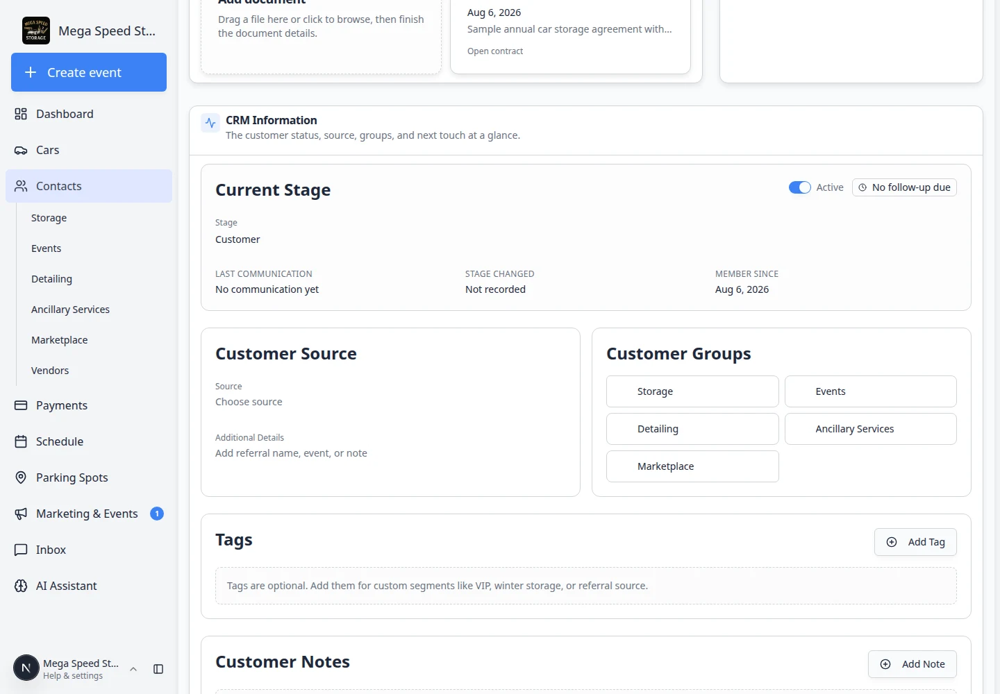 Customer record showing Documents and Contracts with completed contract and uploaded documents