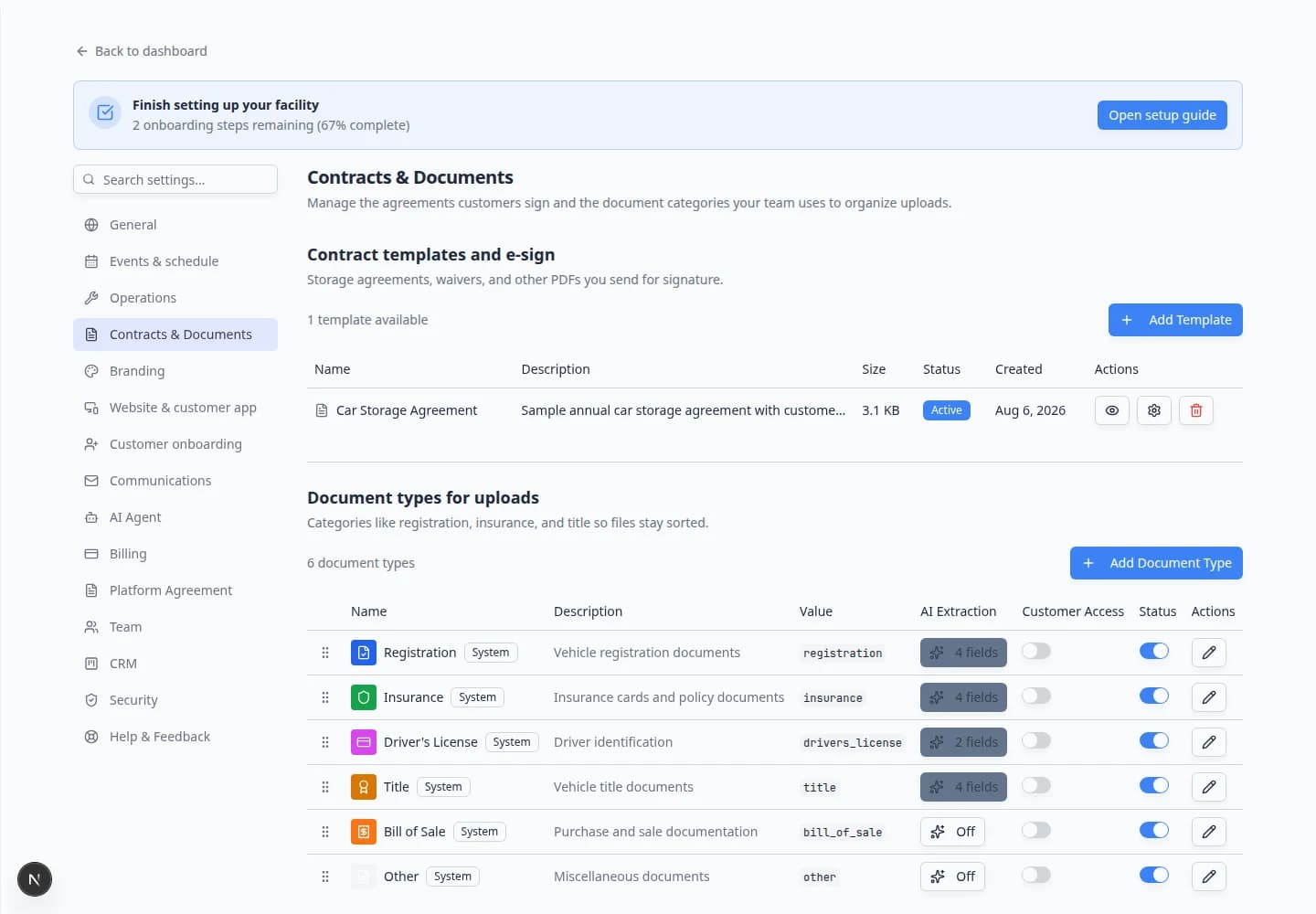 Contracts and Documents settings page showing contract templates at the top and document types for uploads below