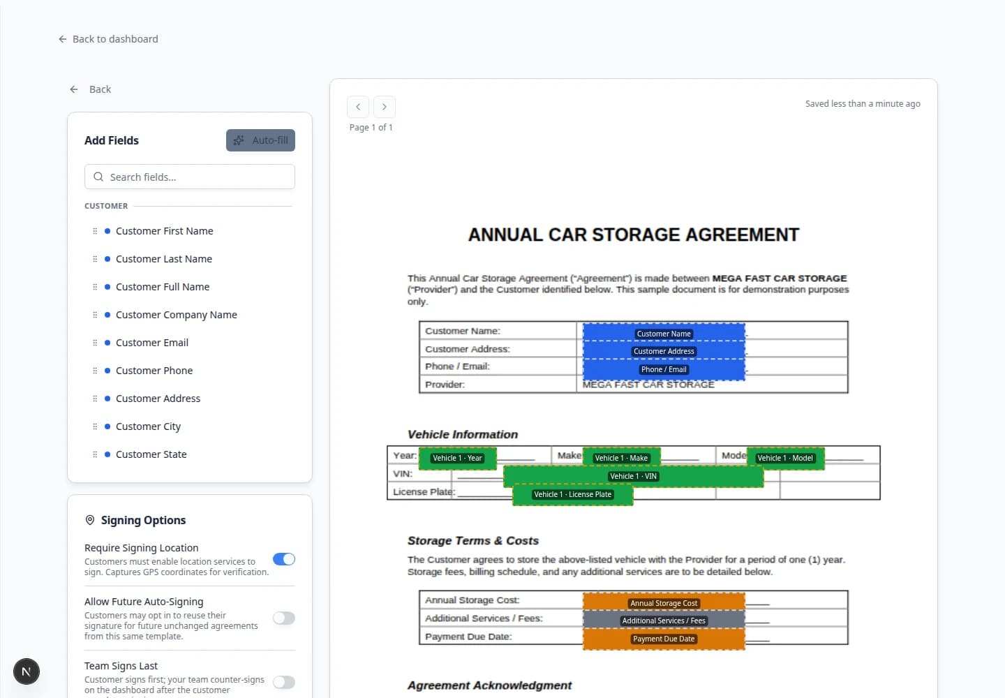 Contract template editor showing PDF preview and field types in the side panel