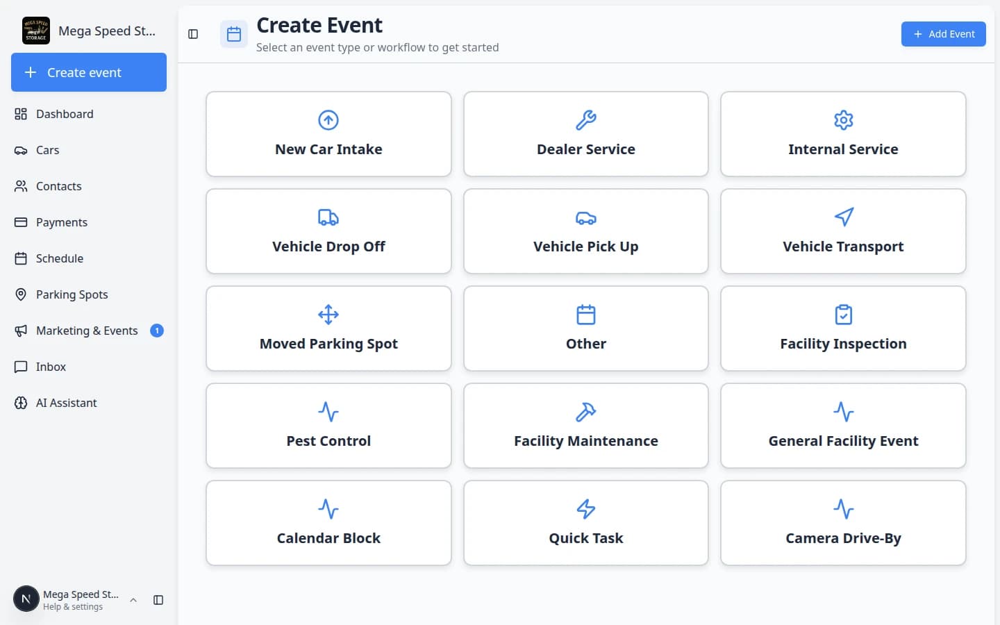 Create event home page with event type cards arranged in three columns