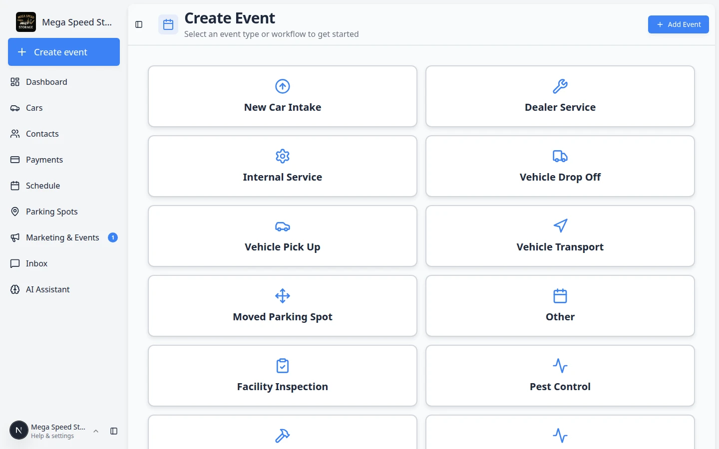 Create event page showing event type cards in a two-column grid with Mega Speed Storage in the sidebar