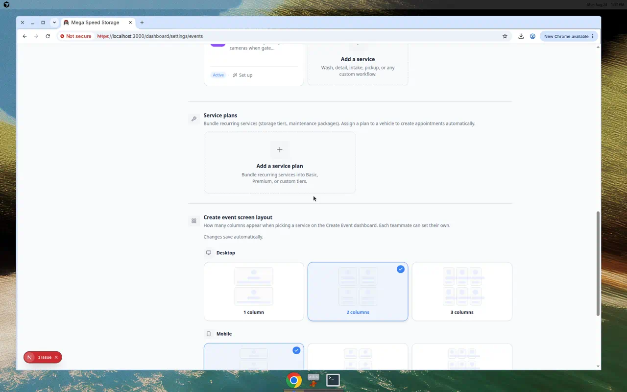Services and schedule page showing Create event screen layout with desktop and mobile column options