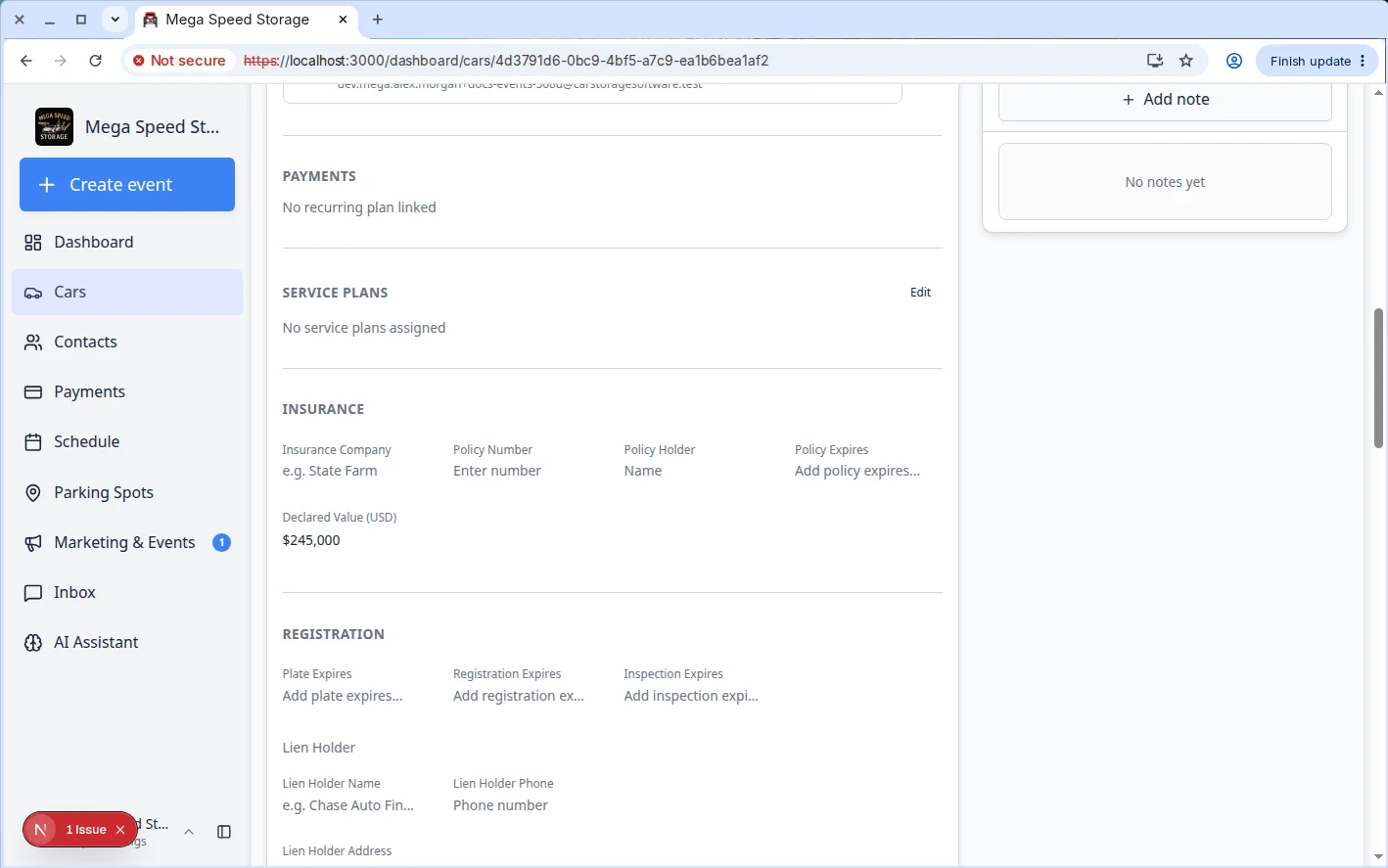 Car detail page showing Service plan section with a plan selected and a start date